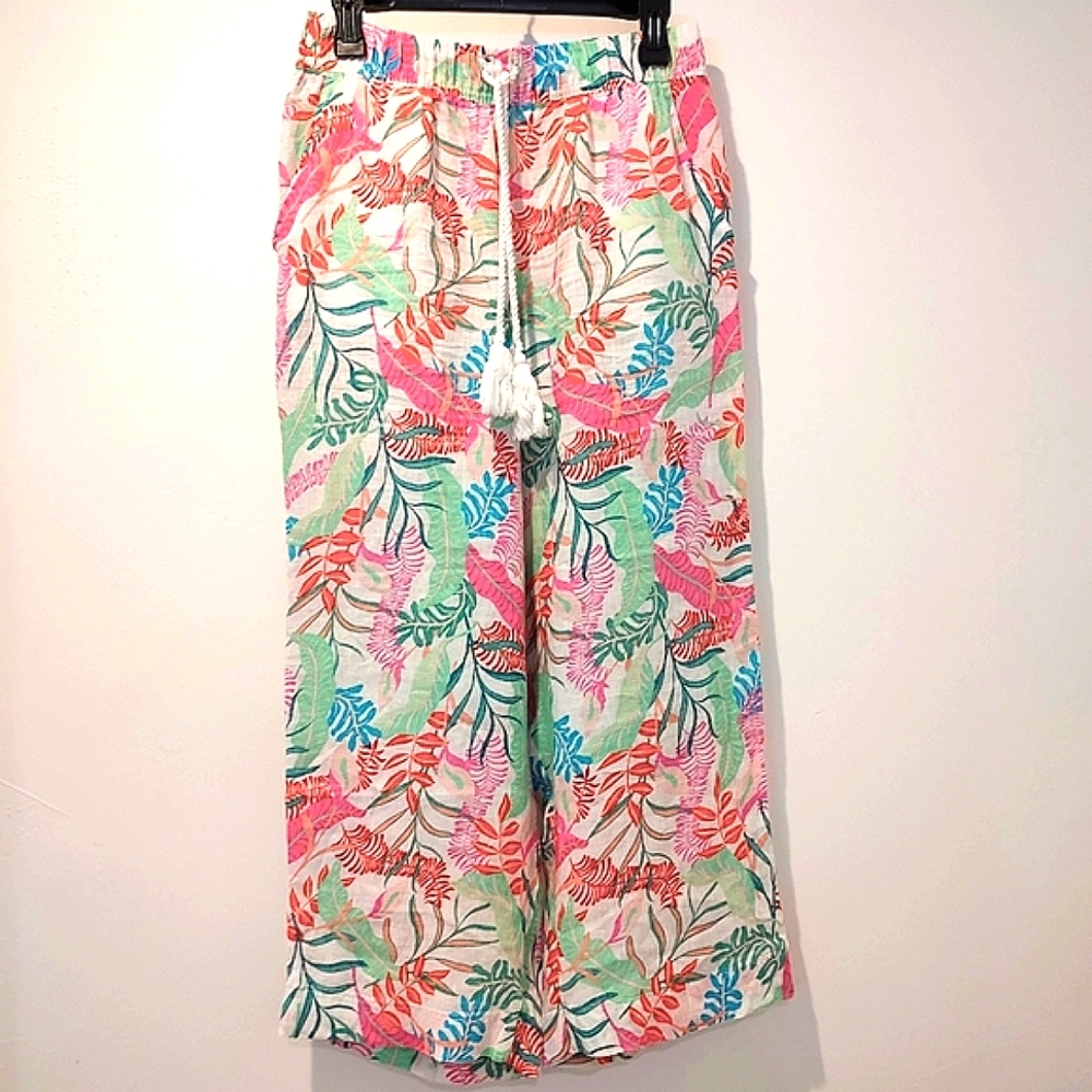 Cynthia Rowley Linen Wide-Leg Pull-On Crop Pants Tropical Floral Palm Bo…